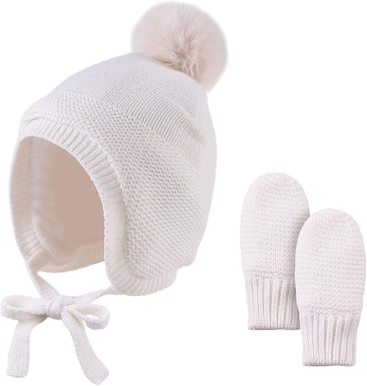 Basic Winter Baby Beanie Gloves Boys Girls Knitted Hat Pompom Kids Earflap Hats Warm Infant Toddler Beanie Mittens Set-CubbioJoy