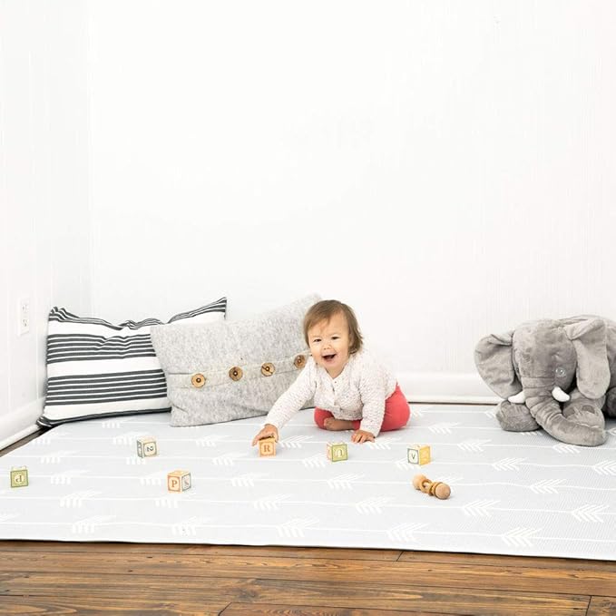 Baby Care Play Mat (Medium, Nordic Trails - Morning Fog Arrows) 73’’ x 49’’ Original One-Piece Reversible Rollable Waterproof Play Mat for Infants, Babies, Toddler, and Kids-CubbioJoy