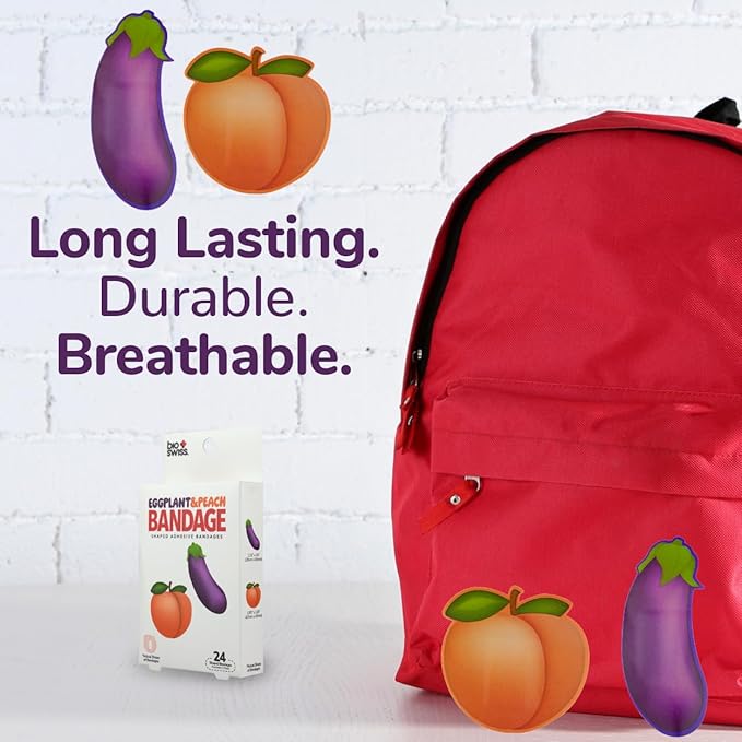 BioSwiss Bandages, Eggplant and Peach Shaped Adult Self Adhesive Bandage, Latex Free Sterile Wound Care, Funny First Aid Kit Supplies for Adults, 24 Count-CubbioJoy