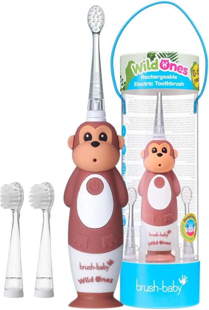 brush-baby WildOnes™ Rechargeable Kids Electric Toothbrush – Monkey | Flashing Lights, 2-Min Timer, Waterproof, 3 Brush Heads | Toddler & Child Toothbrush Ages 0-10 | Soft Bristles-CubbioJoy
