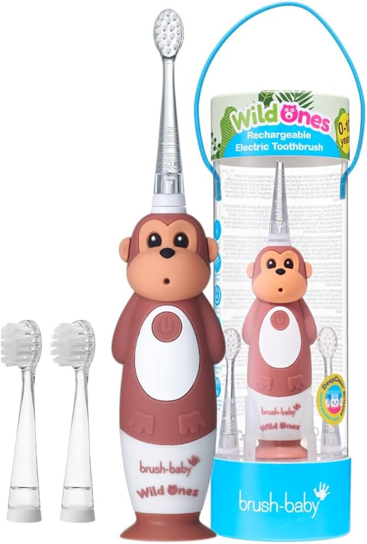 brush-baby WildOnes™ Rechargeable Kids Electric Toothbrush – Monkey | Flashing Lights, 2-Min Timer, Waterproof, 3 Brush Heads | Toddler & Child Toothbrush Ages 0-10 | Soft Bristles-CubbioJoy