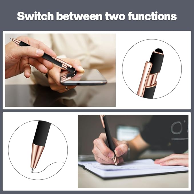 8 Pieces Ballpoint Pen with Stylus Tip Black Ink 2 in 1 Stylus Metal 1.0 mm Medium Point Smooth Pen Rainbow Colorful Rubberized Ballpoint for Touch Screen Tablet(Rose Gold, Black)-CubbioJoy
