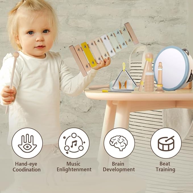 Baby Musical Instruments-Montessori Wooden Toys for Toddlers 1-3,Neutral Colors Percussion Instruments Set with Modern Boho Xylophone for Kids Preschool Educational 3+-CubbioJoy