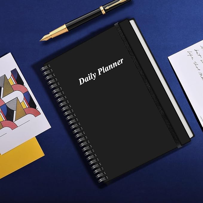 Daily Planner Undated - B5 To Do List Notebook Hourly Schedules, Spiral Appointment Planner for Women and Men, PVC Hardcover, Inner Pocket, Elastic Closure, 7" x 10", Black-CubbioJoy