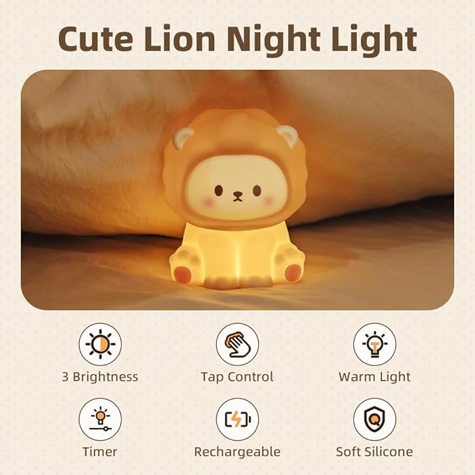 Cute Lion Night Light for Kids, Rechargeable Nursery Lamp with Timer, 3 Brightness Levels & Warm Light, Soft Silicone Baby Night Light, Tap Control, Gift for Toddlers-CubbioJoy