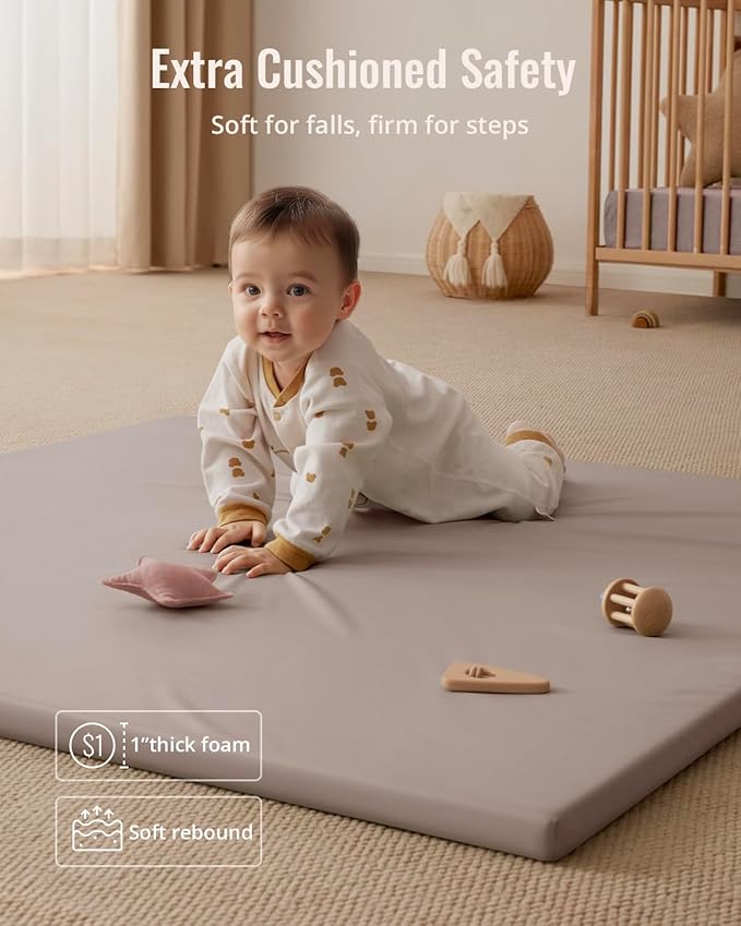 Blissful Diary Vegan Leather Baby Play Mat, 50x50 Thicken Foam Cushioned & Waterproof Playpen Mat for Infants and Toddlers, Stylish and Just Wipe-Clean Playmat for Baby Play on Floor, Taupe-CubbioJoy