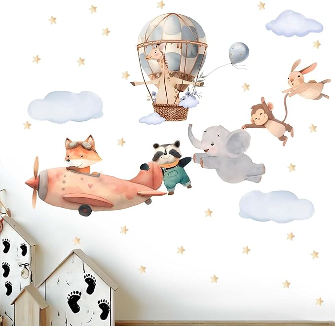 Animals Airplane Wall Stickers for Nursery: Baby Kids Bedroom Wall Decals - Aircrafts Hot Air Balloon Elephant Fox Giraffe Monkey-CubbioJoy