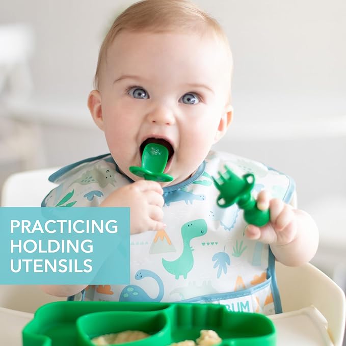 Bumkins Baby Utensils Set, Chewtensils Silicone Spoons for Dipping, Self-Feeding, Baby Led Weaning, Trainer Learning, First Stage Eating, Soft Practice Fork and Spoon, Babies 6 Months, Jade Green-CubbioJoy