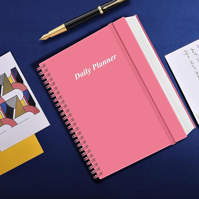 Daily Planner Undated - A4 To Do List Notebook Hourly Schedules, Spiral Appointment Planner for Women and Men,PVC Hardcover, Inner Pocket, Elastic Closure, 8.5" x 11", Pink-CubbioJoy