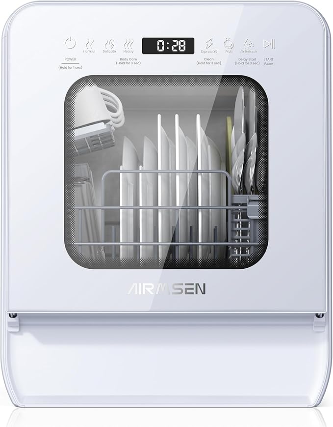 AIRMSEN Portable Countertop Dishwasher with 5L Water Tank, Mini Dishwasher with 14.6” Narrow & 20.1“ Deep Design, 9 Programs, 24H Delay Start & 360° Dual Spray, No Hookup Needed, C01, White-CubbioJoy