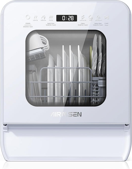 AIRMSEN Portable Countertop Dishwasher with 5L Water Tank, Mini Dishwasher with 14.6” Narrow & 20.1“ Deep Design, 9 Programs, 24H Delay Start & 360° Dual Spray, No Hookup Needed, C01, White-CubbioJoy