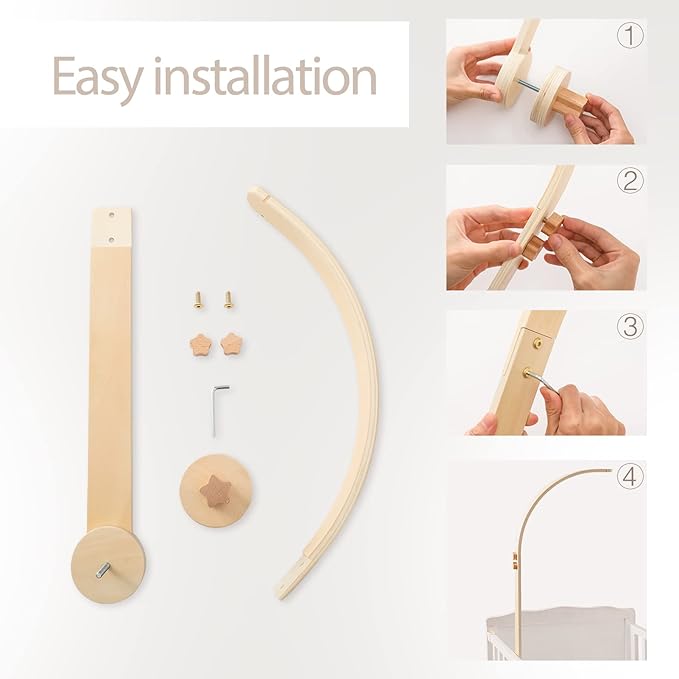 Baby Crib Mobile Arm - Wooden Baby Mobile Crib Holder for Hanging Baby Crib Attachment for Nursery Decor (Curved Structural Arm)-CubbioJoy