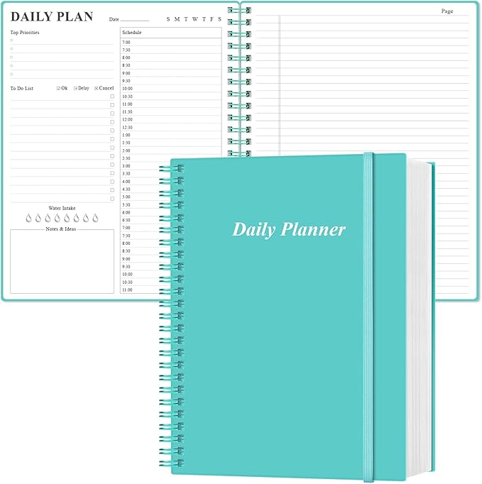 Daily Planner Undated - A4 To Do List Notebook Hourly Schedules, Spiral Appointment Planner for Women and Men,PVC Hardcover, Inner Pocket, Elastic Closure, 8.5" x 11", Teal-CubbioJoy