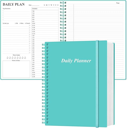 Daily Planner Undated - A4 To Do List Notebook Hourly Schedules, Spiral Appointment Planner for Women and Men,PVC Hardcover, Inner Pocket, Elastic Closure, 8.5" x 11", Teal-CubbioJoy