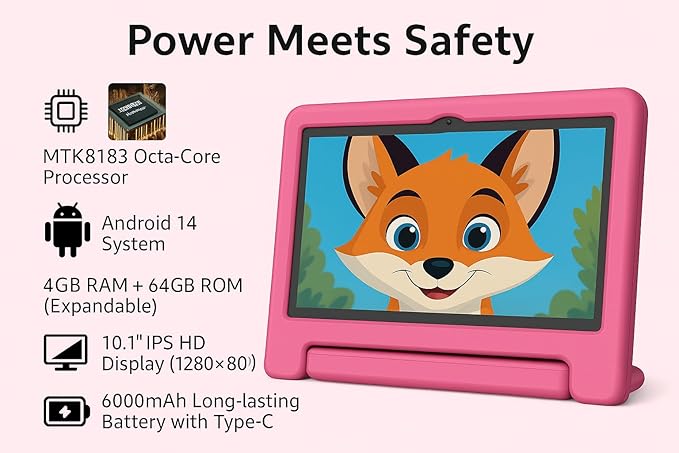 10.1" Kids Tablet Android 14 | 64GB Octa-Core 8GB RAM | Shockproof Case & Parental Control | 12H Fast Charge | HD Display w/Google Kids Space & Educational Apps | WiFi 6/Bluetooth/GPS | Ages 3-12-CubbioJoy