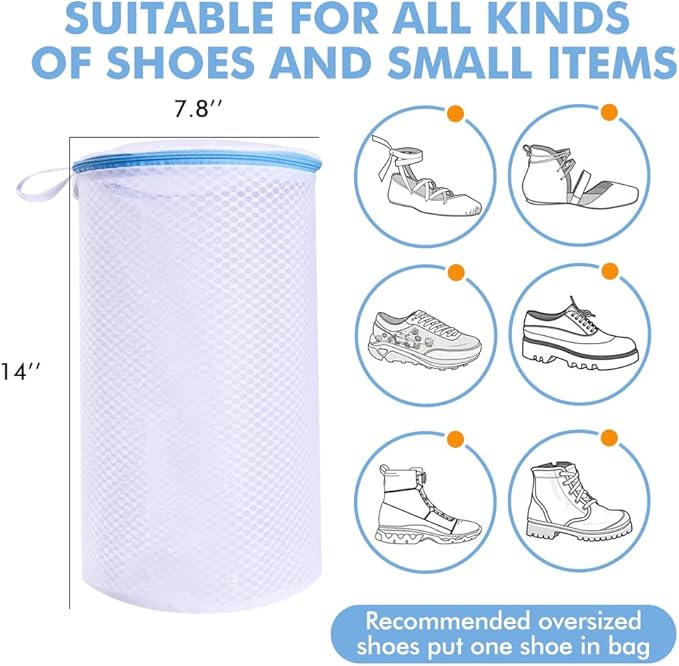 2 Pack Shoes Wash Bags,Shoe Washing Machine Bag,shoe laundry bag for washing machine，Honeycomb Mesh Laundry Bags with Zipper for Sneakers,Running Shoes,Sock,Bras,Delicates and Toys（14 in x 7.8 in）-CubbioJoy