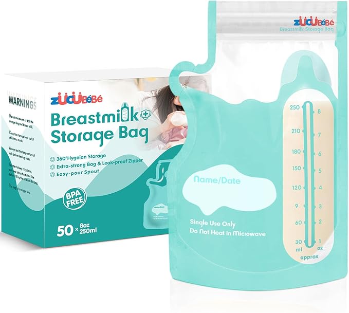 Breastmilk Storage Bags(50 Count)，8oz Milk Storage Bags for Breastfeeding，BPA Free with Easy Pour Spout, Self Standing, for Refrigeration and Freezing Blue-CubbioJoy