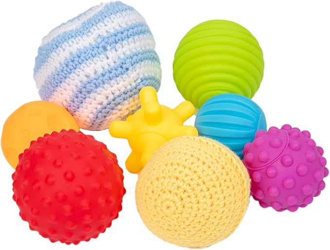 Adena Montessori 8 Pack Sensory Balls for Toddlers 1-3,Sensory Baby Toys 6-12 Months,Infant Educational Squeeze Sensory Toy Soft Multi Ball Set Gifts with Bright Color Textured with White Woven Basket-CubbioJoy