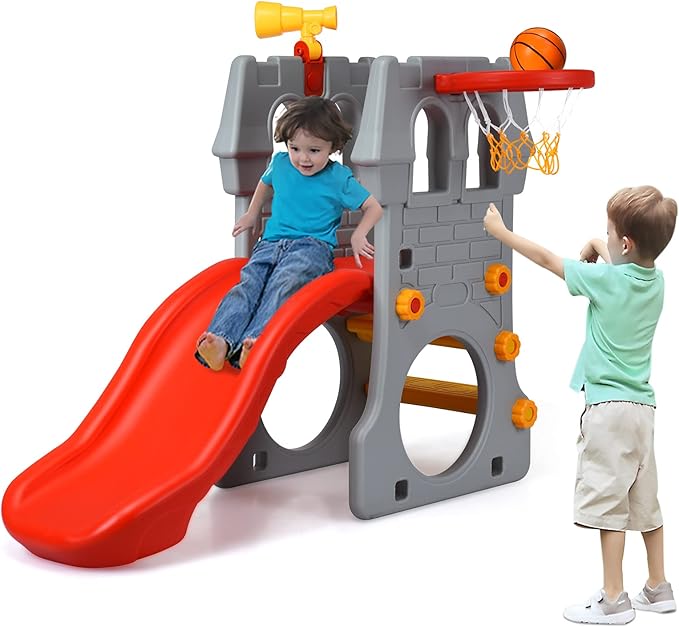 Costzon Toddler Slide Playground Climber Set, 5 in 1 Slide for Kids with Basketball Hoop, Telescope, Crawl Through Space, Easy Climb Stairs, Kids Large Slide Playset Gift for Both Indoor Outdoor Use-CubbioJoy