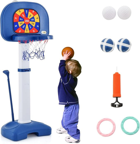 Costzon Kids Basketball Hoop, 4-in-1 Toddler Sports Activity Center with 5 Adjustable Height, Basketball Golf Toss Ring Dart Board Game Set, Indoor Outdoor Toddler Basketball Hoop, Gift for Boys Girls-CubbioJoy