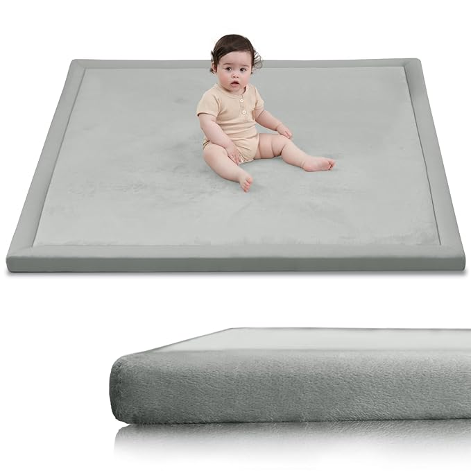 Baby Play Mat for Floor,1.3" Thick Elasti-Foam 50x50 Playpen Mat for Toddlers Infant Kids,Water-Repellent Soft Coral Velvet Tummy Time Mat,Non Slip Crawling Mat,Tatami Mat(Light Grey)-CubbioJoy