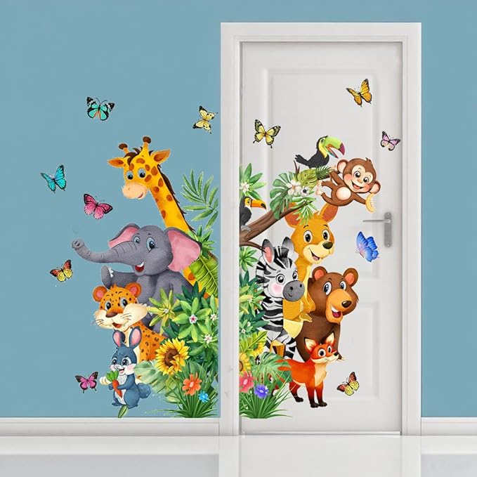 Jungle Animal Wall Decals, Cartoon Animal Sticker Safari Elephant Lion Monkey Wall Decals for Baby Room Playroom Bedroom Classroom Kindergarten Decor-CubbioJoy