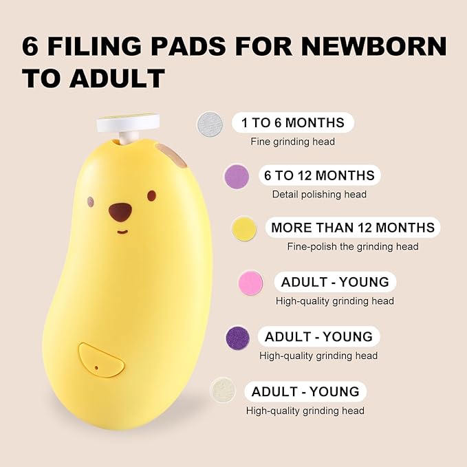 Baby Nail File Electric, Gentle Rechargeable Nail Trimmer, Baby Nail Clippers Grooming Kit Manicure Set for Infant Toddler or Adults, 6 Grinding Head Replacement Pads Yellow-CubbioJoy
