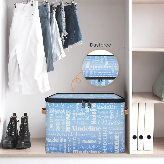 Custom Storage Basket with Name, Personalized Storage Bins with Zipper Lid, Foldable Fabric Storage Box Large capacity with Handle Blue-CubbioJoy