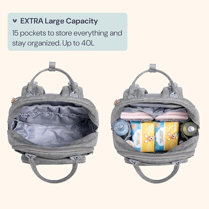 BabbleRoo Extra Large Diaper Bag Backpack, Expandable Baby Bag with Up to 50% More Capacity - Travel Essentials Baby Bag Tote with Changing Pad, Stroller Straps & Pacifier Case - Unisex, Light Gray-CubbioJoy