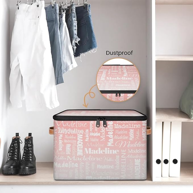 Custom Storage Basket with Name, Personalized Storage Bins with Zipper Lid, Foldable Fabric Storage Box Large capacity with Handle Pink White-CubbioJoy