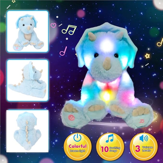 Cuteoy Light-up Singing Plush Blue Triceratops LED Musical Stuffed Animal Dinosaur Adjustable Volume Lullaby Plushies Birthday Christmas Toy Gifts for Kids Toddler Girls, 13"-CubbioJoy