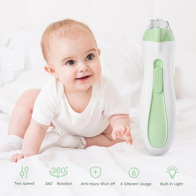 Baby Nail Trimmer Electric, 15 in 1 Baby Nail Clippers for Gentle Nail Care, Rechargeable Baby Nail File Electric with Light &15 Grinding Pads for Infant Toddler, Green-CubbioJoy