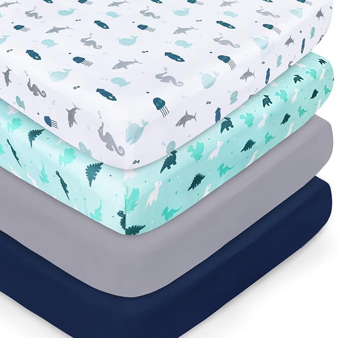 Crib Sheets for Boys or Girls 4-Pack, Fitted Crib Sheet 52'' x 28'' for Standard Crib & Toddler Mattress, Soft and Breathable Material, Baby Crib Sheets Neutral, Dinosaurs & Ocean-CubbioJoy