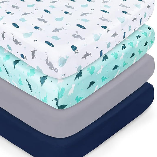 Crib Sheets for Boys or Girls 4-Pack, Fitted Crib Sheet 52'' x 28'' for Standard Crib & Toddler Mattress, Soft and Breathable Material, Baby Crib Sheets Neutral, Dinosaurs & Ocean-CubbioJoy