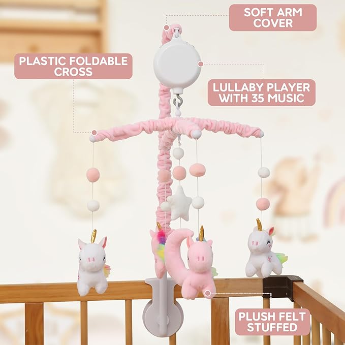 Baby Crib Mobile - Unicorn Crib Mobile for Girls with 25 Inches Mobile Arm and 35 Lullabies Musical Box, 3 Modes Digital, Volume Control, Essential Gift for Infant Bedroom Hanging Decor-CubbioJoy