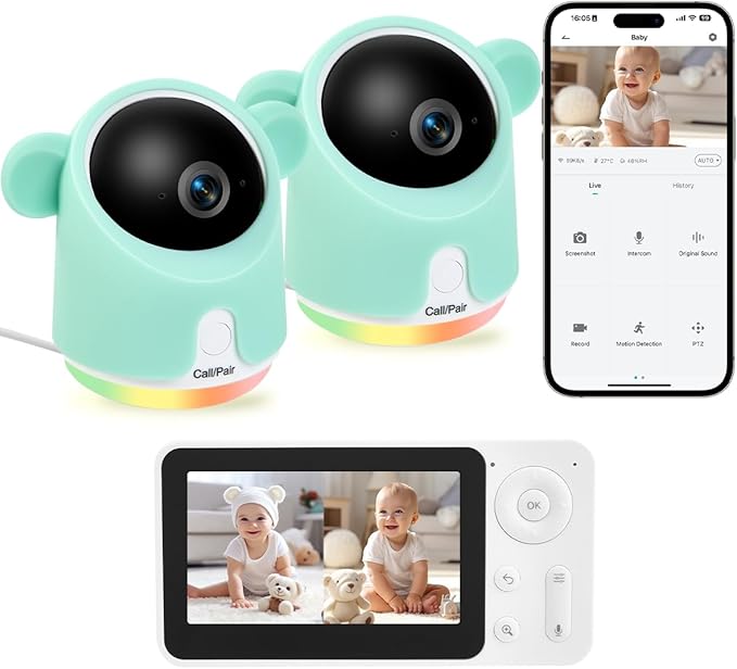 Baby Monitor with Camera and Audio, Split-Screen 1080P 2 Baby Cameras Lullabies WiFi Smartphone App Control Night Vision 4.3” Screen 2-Way Talk Temp&Humidity Sensor Motion & Cry Detection iOS/Android-CubbioJoy