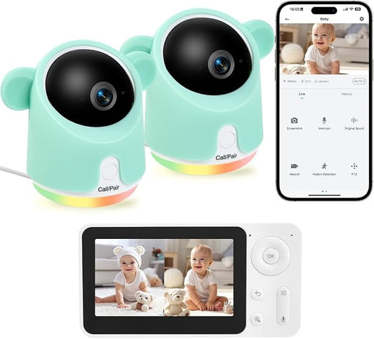 Baby Monitor with Camera and Audio, Split-Screen 1080P 2 Baby Cameras Lullabies WiFi Smartphone App Control Night Vision 4.3” Screen 2-Way Talk Temp&Humidity Sensor Motion & Cry Detection iOS/Android-CubbioJoy