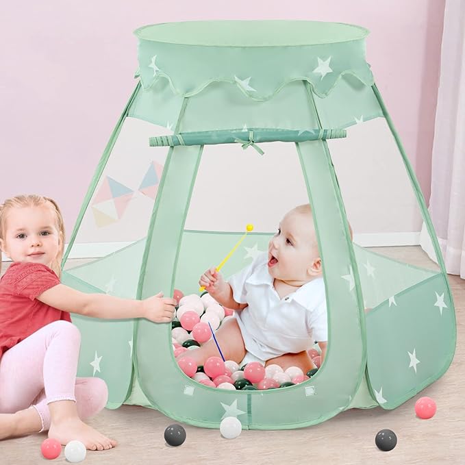 Baby Ball Pit Tent with 50 Balls - For Toddlers, Pink/White/Gray Princess Playhouse with Carry Bag, 109x90cm-CubbioJoy