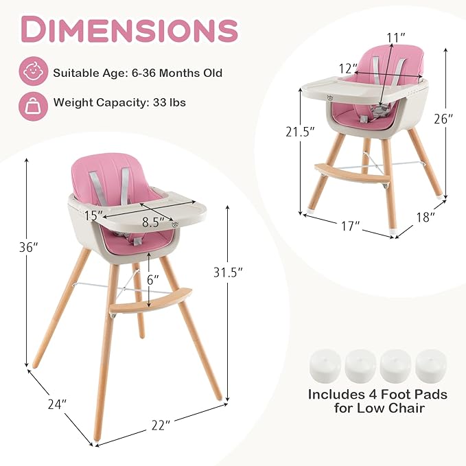 BABY JOY Convertible Baby High Chair, 3 in 1 Wooden Highchair/Booster/Chair with Removable Tray, Adjustable Legs, 5-Point Harness, PU Cushion and Footrest for Baby, Infants, Toddlers (Pink)-CubbioJoy
