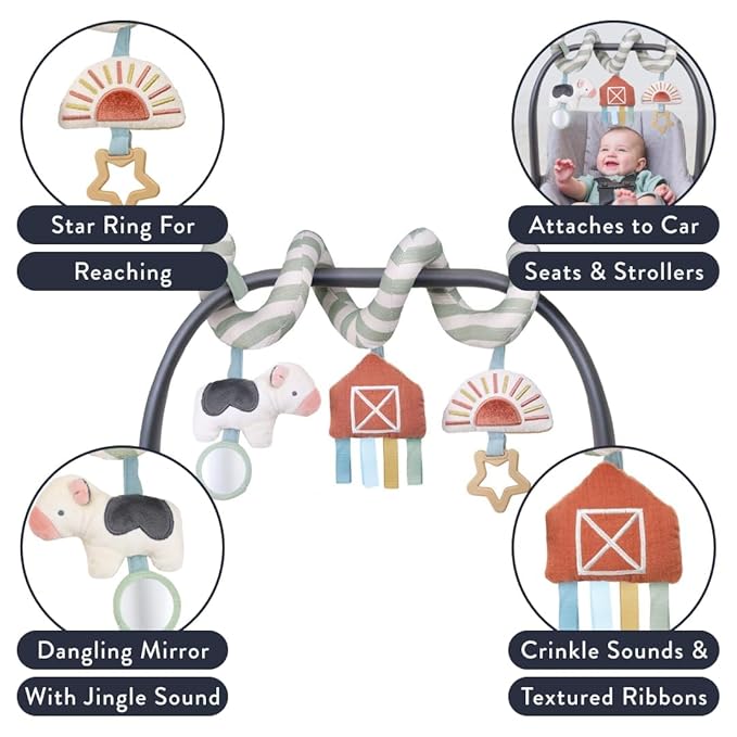 Itzy Ritzy Spiral Car Seat & Stroller Activity Toy - Stroller & Car Seat Toys for Ages 0 Months and Up - Hanging Toys Include Dangling Ring, Mirror and Textured Ribbons (Farm)-CubbioJoy