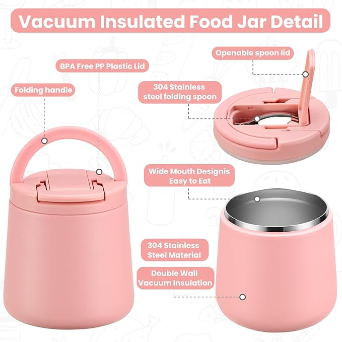 20oz Insulated Vacuum Food Jar with Buckle Lid,Soup Thermo for Hot Food Kids,Wide Mouth Leakproof Stainless Steel Lunch Container with Spoon-Pink-CubbioJoy