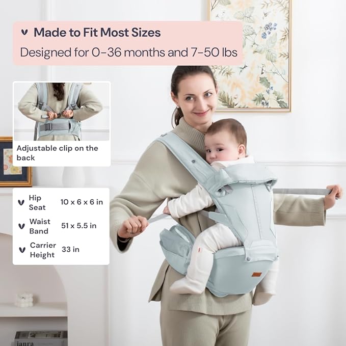 BabbleRoo Grow Carrier – Safety-Certified 6-in-1 Baby Carrier with Hip Seat, Ergonomic & Adjustable Toddler Carrier 7-50 lbs with Hip Support, Hood for Sun Protection, Newborn to Toddler, Seafoam-CubbioJoy