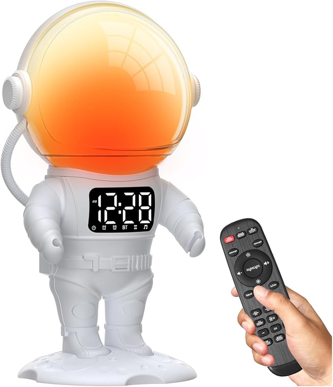 Astronaut Sunrise Alarm Clock for Kids, White Noise Sound Machine with 30 Soothing Sounds, 22 Dimmable Nightlights, Bluetooth Speaker, Dual Digital Alarm Clocks, Wake Up Light for Bedroom, Adults-CubbioJoy