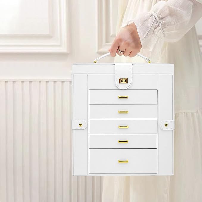 AKOZLIN Extra Large 6-Tier Jewelry Box Organizer with Mirror, 5 Drawers Leather Jewelry Storage Case for Women Girls Ring Necklace Earring Bracelet White-CubbioJoy