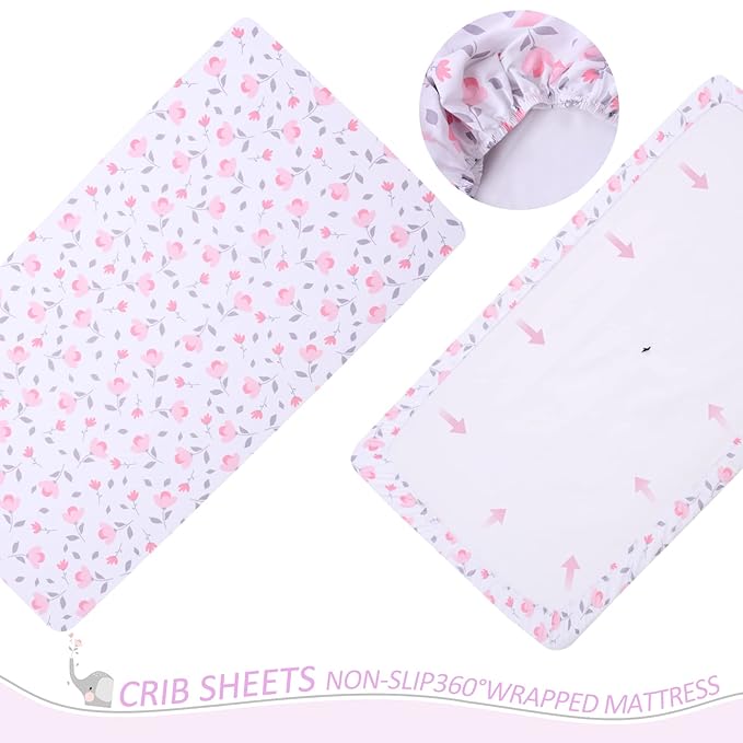 Cloele Elephant Crib Bedding Set for Girls - 3 Piece Baby Bedding Set Includes Comforter Fitted Sheet Crib Skirt - Pink Floral Standard Size Nursery Bedding Set Baby Crib Set for Girls-CubbioJoy
