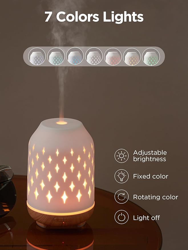 InnoGear Aromatherapy Diffuser, 150ml Ceramic Diffuser Ultrasonic Humidifier Cool Mist Essential Oil Diffusers for Home Air Diffuser with 2 Mist Modes Waterless Auto Off, White-CubbioJoy