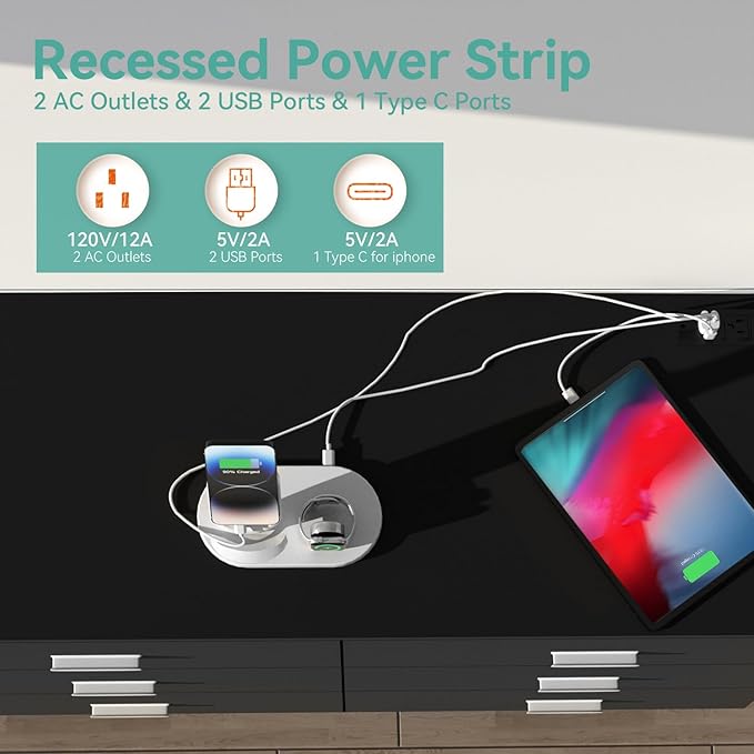 Dresser with Power Outlets Wooden 6 Drawer Dresser with USB and Type C Port Chest of Drawers for Bedroom Tall Black Organizer Storage for Living Room Hallway Closet-CubbioJoy