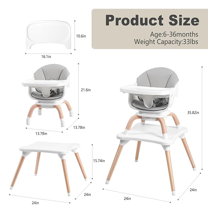 Baby High Chair, 7 in 1 Convertible High Chairs for Babies and Toddlers, Kids Learning Table, Building Block Table, Toddler Dining Chair with 360° Rotating Seat, 5-Point Safety Harness (Grey)-CubbioJoy