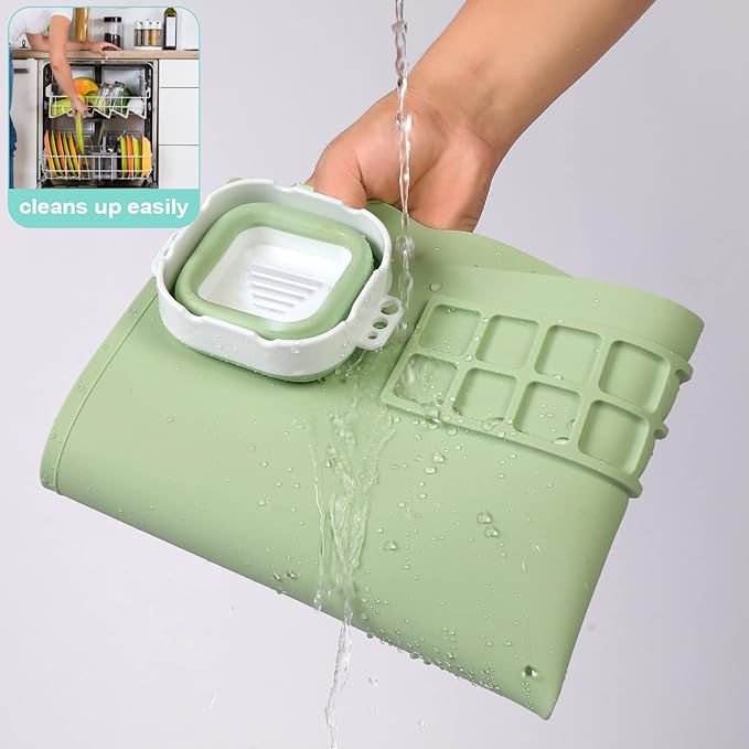 AWOKE Silicone Painting Mat for Table Protection - 20"X16" Washable Art Mat with 1 Water Cup for Kids - Craft Mat has 12 Color Dividers - 2 Paint Palettes (Green), Toddler Activities, Girl Boy Gifts-CubbioJoy