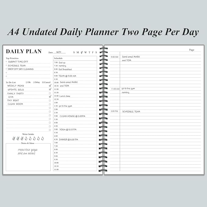 Daily Planner Undated - A4 To Do List Notebook Hourly Schedules, Spiral Appointment Planner for Women and Men,PVC Hardcover, Inner Pocket, Elastic Closure, 8.5" x 11", Grey-CubbioJoy